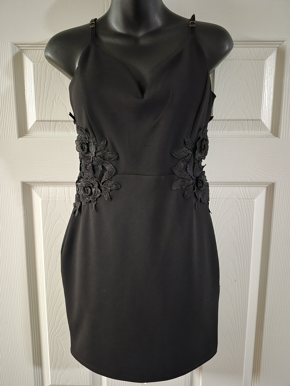 Haute Monde Black Mini Dress with Floral Appliqué